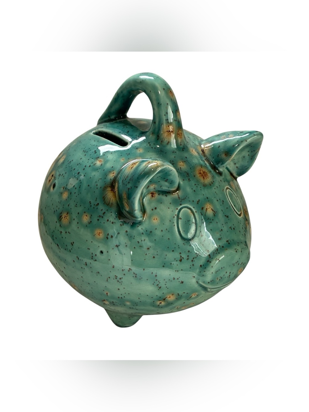 GLAZED POTTERY PIG COIN BANK PIGGY BANK TEAL